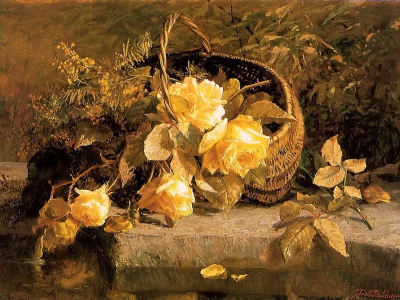 1826-Gerardina Jacoba van de Sande Bakhuyzen - Natura morta di fiori in un cesto in riva all'acqua